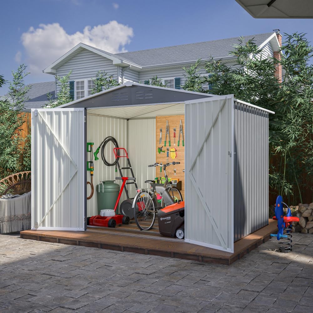 Large Outdoor Storage Shed 10x12 FT, Heavy-Duty Metal Garden Tool Organizer with Lockable Doors and Weather-Resistant Roof for Backyard (8x6 ft with Floor Frame)