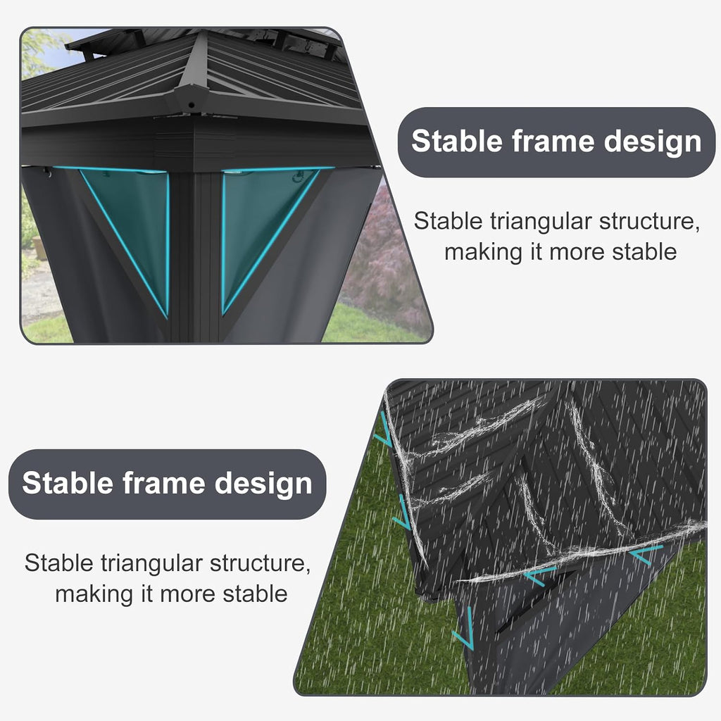 12x16FT Gazebo Hardtop Double Roof Canopy with Netting and Curtains,Outdoor Gazebo 2-Tier Hardtop Galvanized Iron Aluminum Frame for Patio, Backyard, Deck, and Lawns