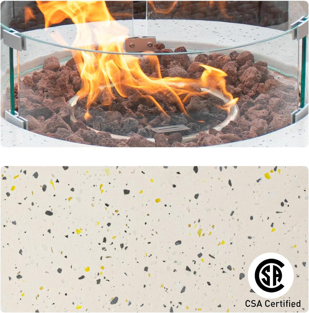 COSIEST 2-Piece Outdoor Propane Fire Pit Table Set w Tank Table, 28' Terrazzo Round Fire Table (Certified, 40,000 BTU) w 16' Tank Cover Side Table 20lb, Wind Guard, Rain Cover for Garden, Pool