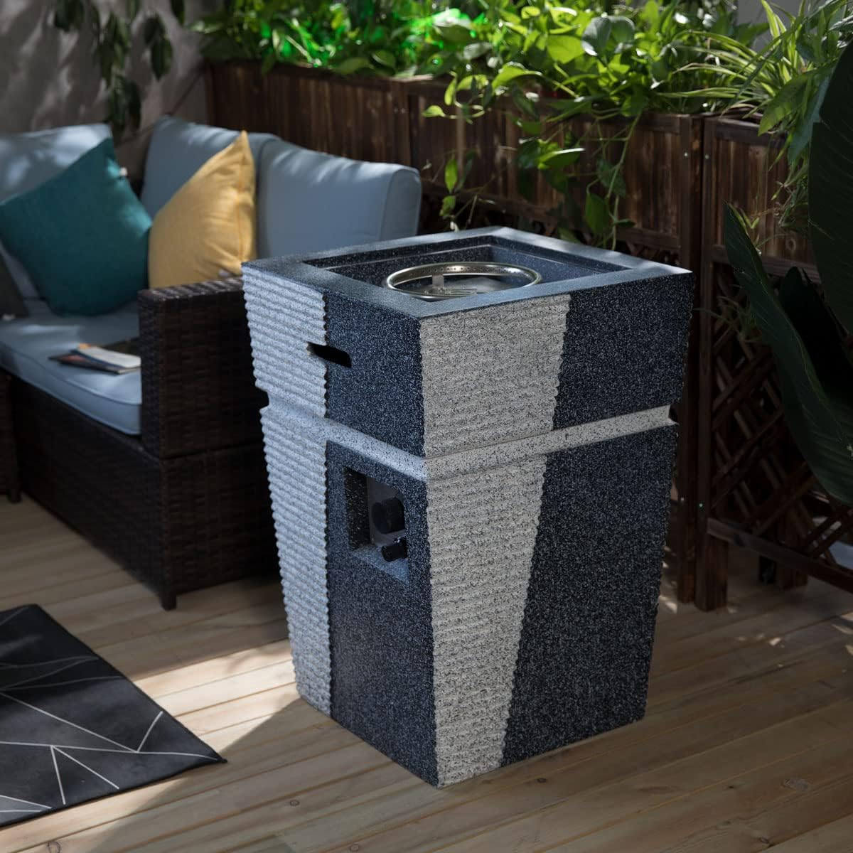 20' Outdoor Propane Gas Fire Pit Table, 40,000 BTU Auto-Ignition Concrete Gas Firepit, Magnesium Oxide Cylinder Design, Side Handles and Cover, Mix Color Glass Rocks