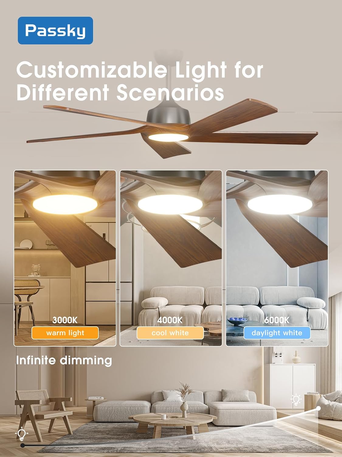 Passky Ceiling Fans with Lights and Remote, 60 inch Walnut Wood 5 Blades Ceiling Fan, Reversible, 3CCT, Dimmable, Noiseless, 6 Speeds Ceiling Fans for Bedroom Living Room Farmhouse Gazebo Patio