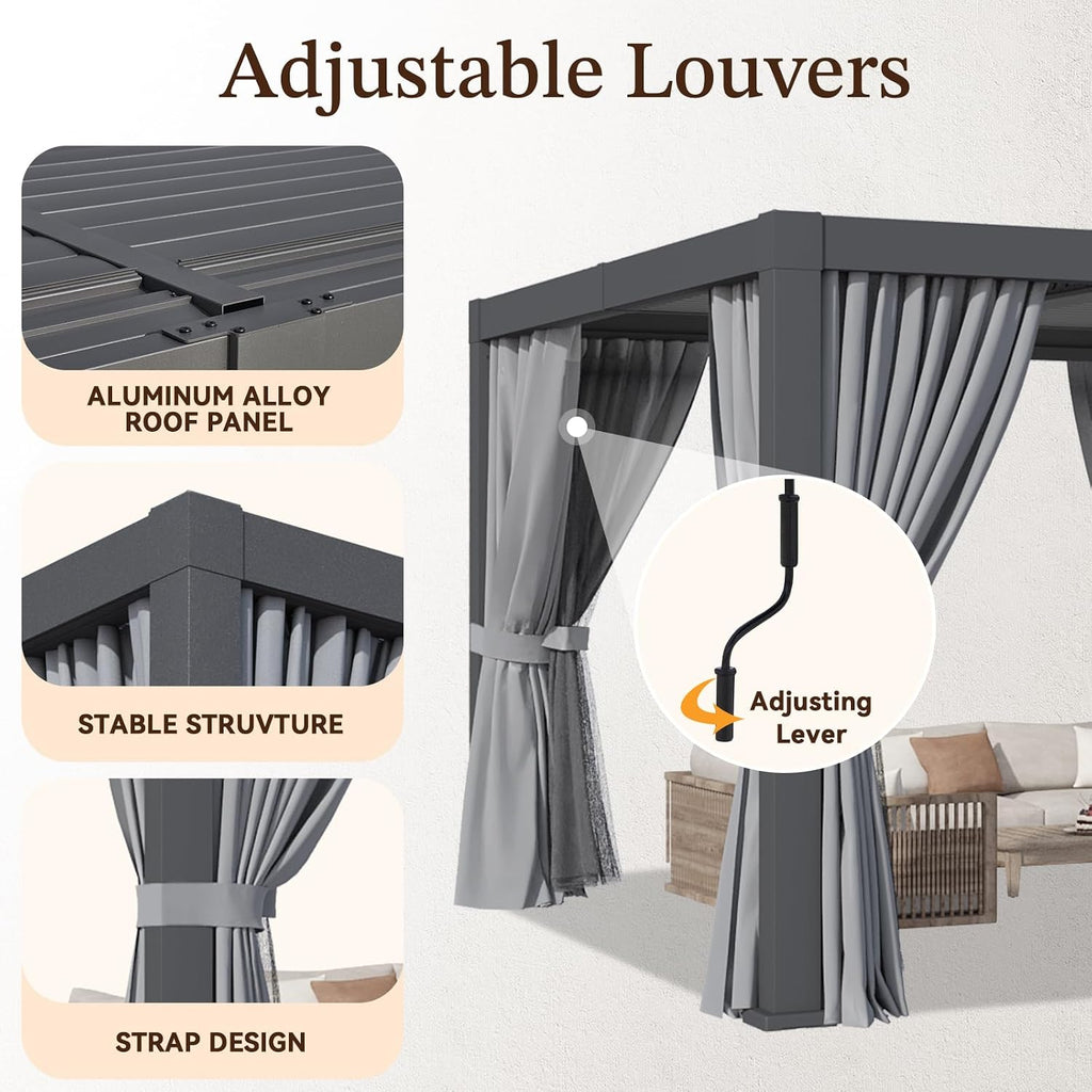Louvered Pergola 10FTx 12FT Outdoor Aluminum Pergola with Adjustable Top for Decks, Gardens and Backyards, Gray
