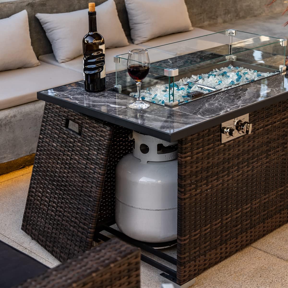 44in Outdoor Propane Gas Fire Pit Table, 50,000 BTU Auto-Ignition Gas Firepit with Glass Wind Guard, Marble Tile Tabletop, Mixed Color Glass Rocks, Brown PE Rattan