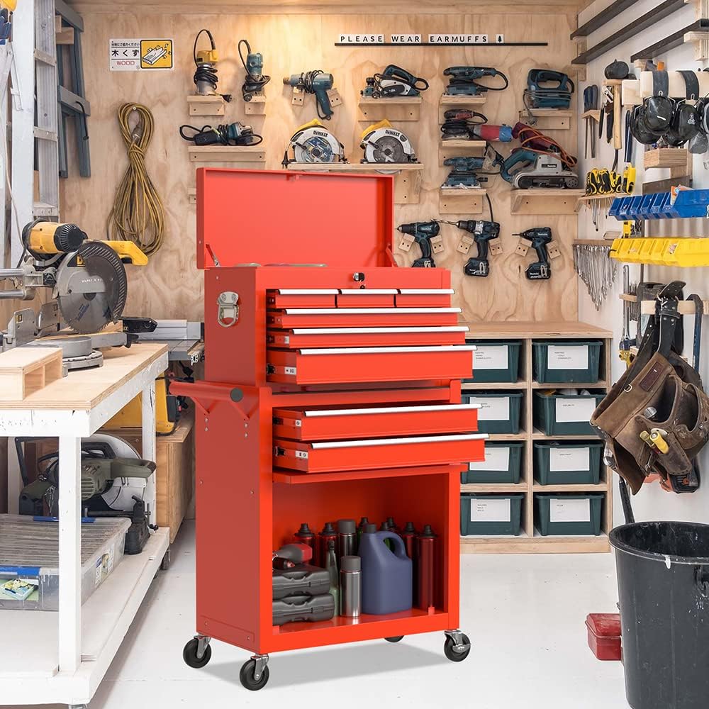 High Capacity Rolling Tool Boxes with Wheels and Drawers, 8-Drawer Storage Cabinet,Detachable Organizer Combo,Mobile Lockable Toolbox for Workshop Mechanics Garage (Red)