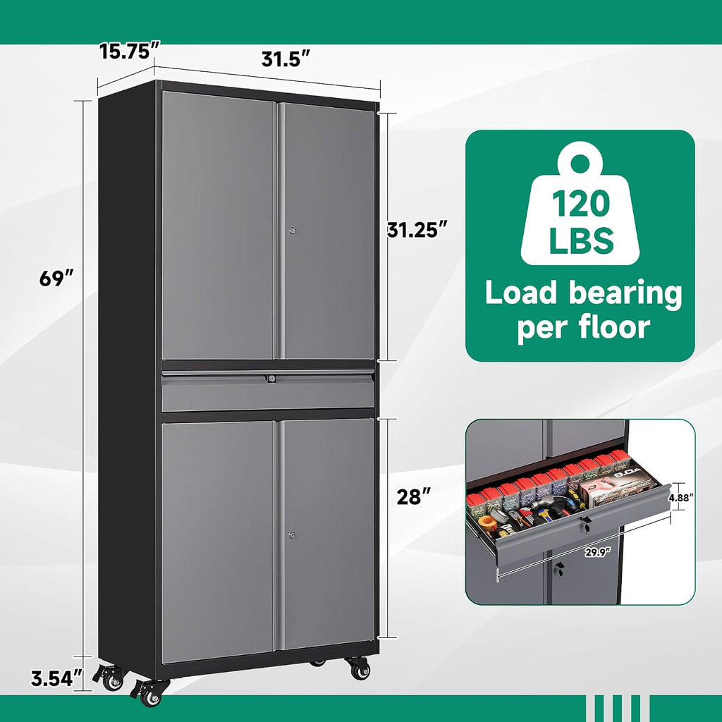 Letaya Metal Garage Storage Cabinet with Wheels,72' Rolling Tool Cabinet with 4 Door Lock-Adjustable Shelves and Drawer for Garage Home Office Utility Room (Black&Gray with Wheels)