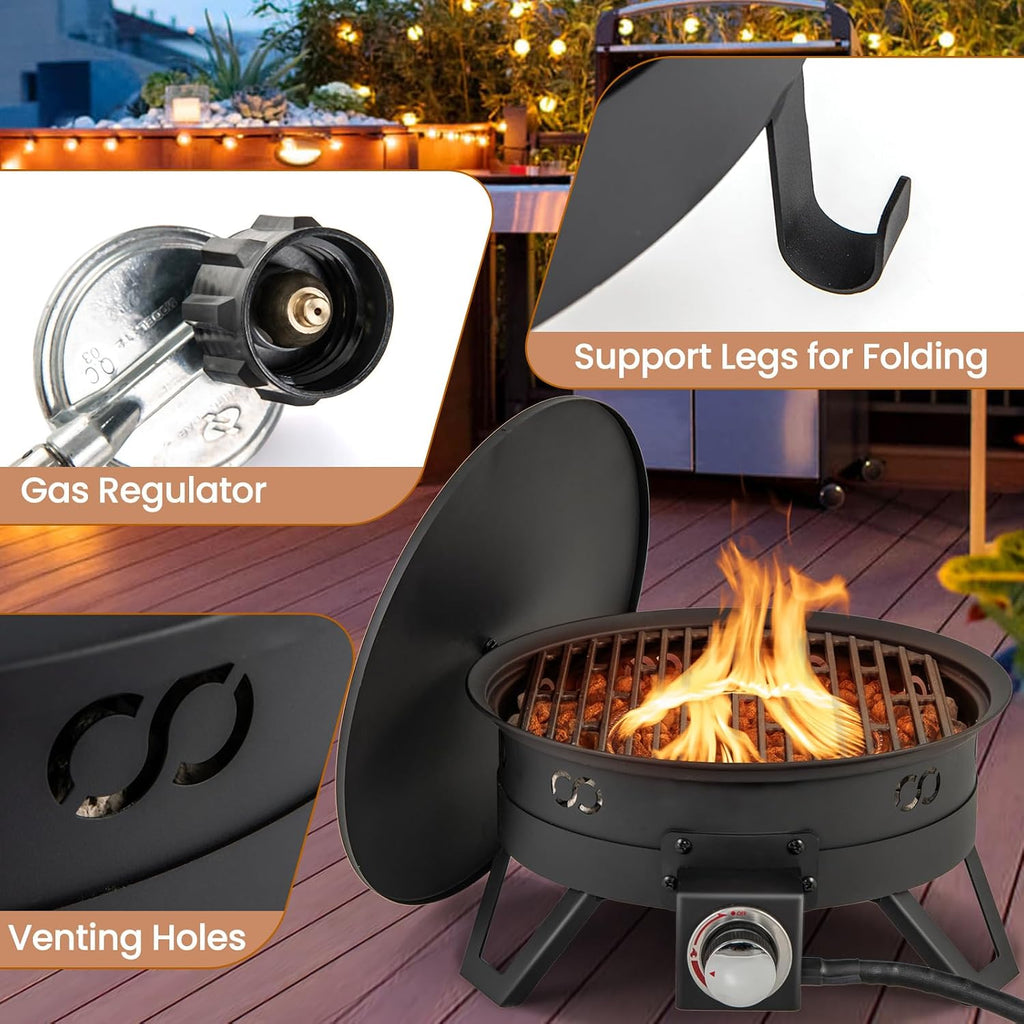 Tangkula 17 Inch Tabletop Propane Fire Pit, 58,000 BTU Gas Firepit with Folding Legs & Removable Grill, Carrying Bag, Lava Rocks & Tank Seat Included, Portable Fire Bowl for Backyard, Camping