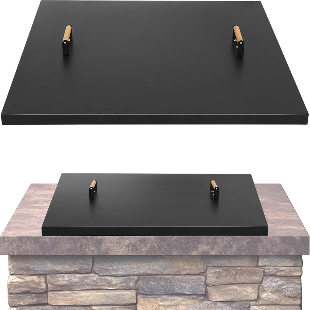 Fire Pit Lid Square 38', Heat Resistant Metal Firepit Cover with 2 Wooden Handles for Square Patio Fire Pit, Compatible for Firepits Inside Dia Up to 34'