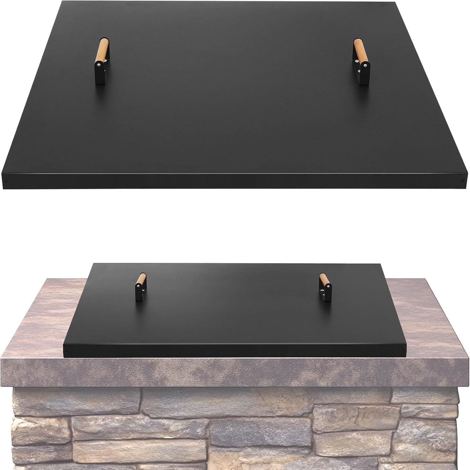 Fire Pit Lid Square 38', Heat Resistant Metal Firepit Cover with 2 Wooden Handles for Square Patio Fire Pit, Compatible for Firepits Inside Dia Up to 34'