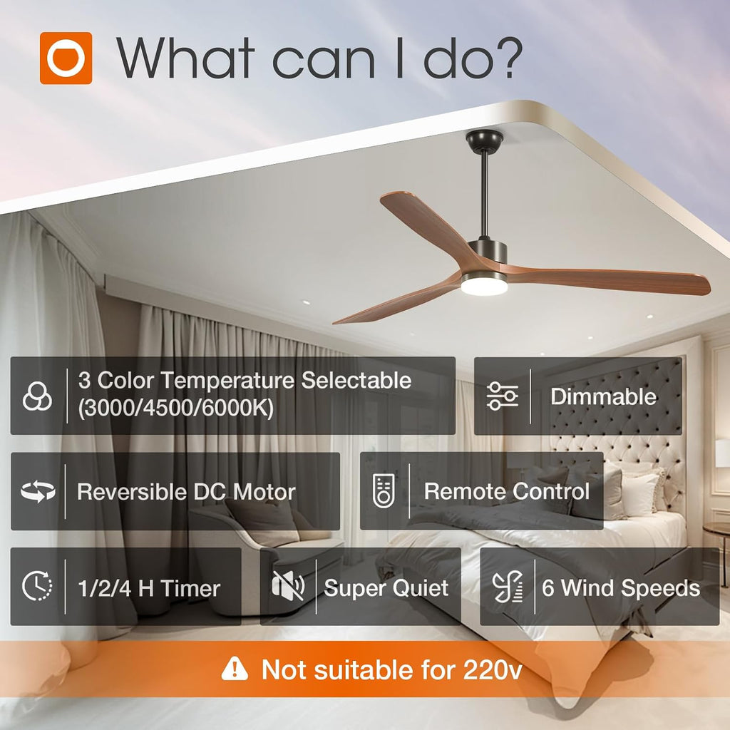 addlon 72 inch Ceiling Fans with Lights and Remote Control, Reversible, 3 Wood Blades, 6 Speeds, 3CCT Dimmable, Noiseless, Indoor/Outdoor Black Walnut Ceiling Fan for Bedroom Living Room Gazebo Patio