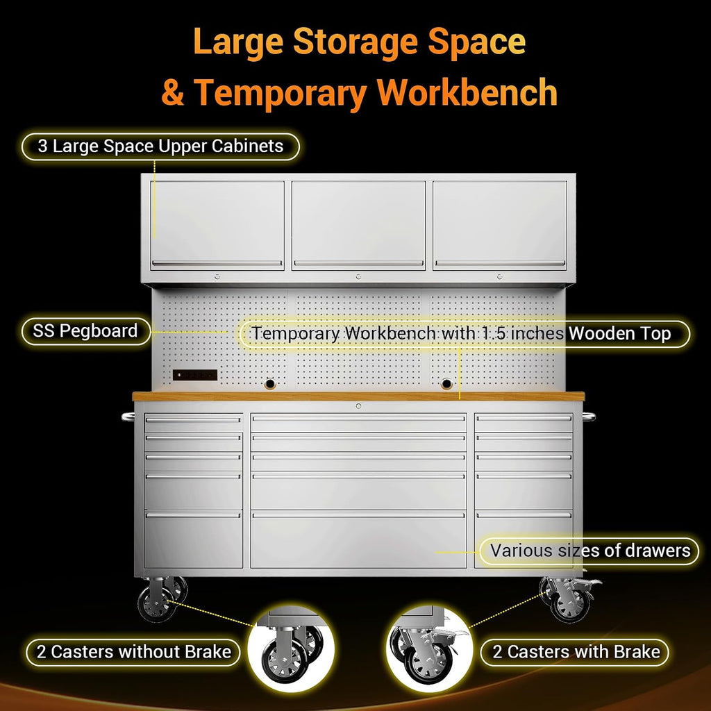 CHETTO C 72-inch Rolling Tool Chest Cabinet Mobile Workbench with 15 Storage Drawers and Wheels 3 Upper Cabinet Outlet SS Pegboard Stainless Steel Tool Box for Garage Warehouse