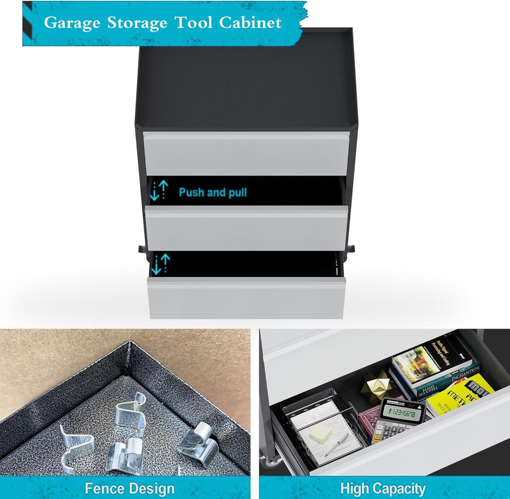 3 Drawer Rolling Garage Storage Cabinet, Small Metal Tool Cabinet with Drawer, Tool Chest & Cabinet for Workshop, Garden, Home, Office, Assembly Required, Black/Gray