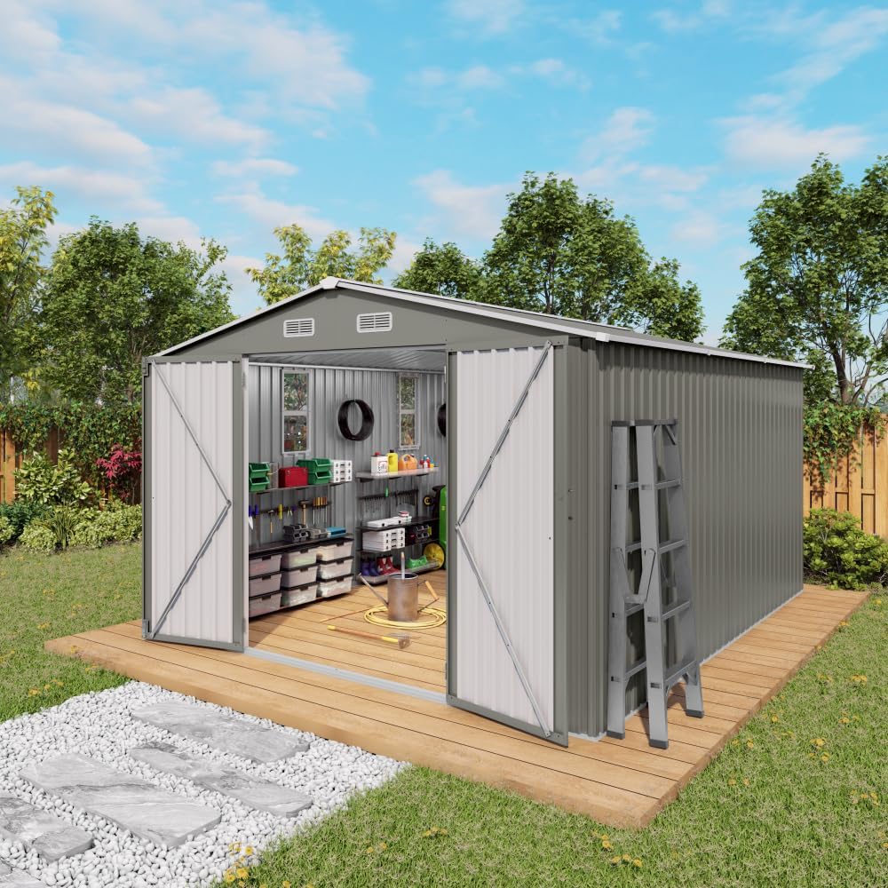 10x12 FT Outdoor Storage Shed, Large Metal Garden Shed with Double Doors & Windows, Waterproof Backyard Tool Organizer for Lawn Equipment, Mower, Outdoor Storage, Patio, Poolside, Grey