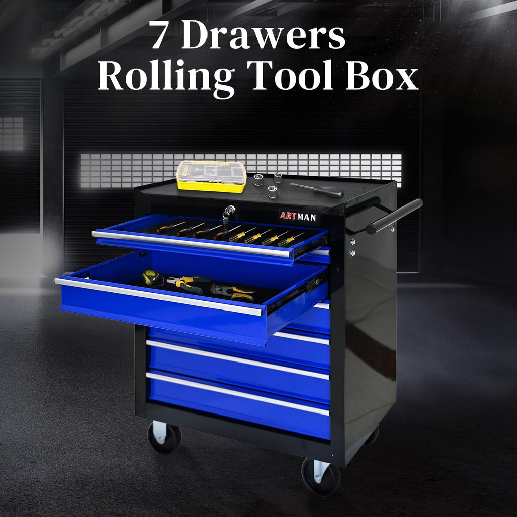 Rolling Tool Chest with 7-Drawer Tool Box with Wheels Multifunctional Tool Cart Mechanic Tool Storage Cabinet for Garage, Warehouse, Workshop, Repair Shop (Black & Blue)