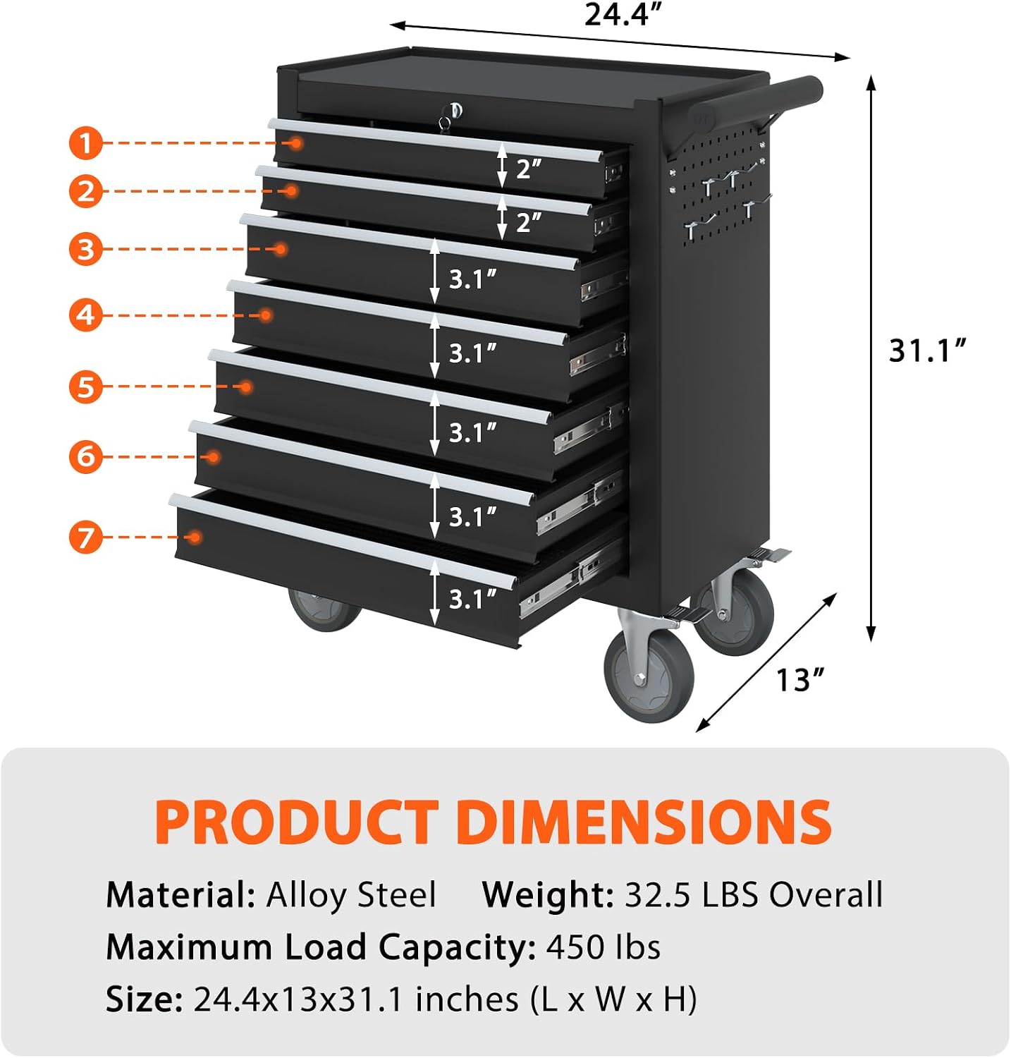 Heavy Duty Rolling Tool Box, 7 Drawer Tool Chest with Detachable Storage, Mobile Tool Cabinet on 4 Wheels for Garage, Workshop, Mechanics & Repair Room (Black)