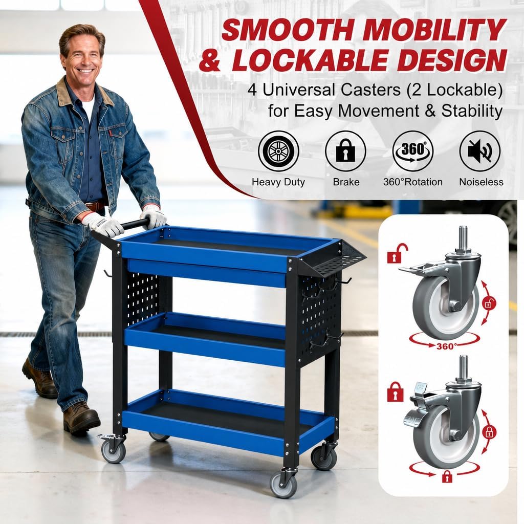 3 Tier Tool Cart on Wheels, Heavy Duty Metal Rolling with Drawers and Pegboards, 660 LBS Load Capacity Tool Storage Cart, Industrial Utility for Garage, Warehouse, Workshop, Blue Black