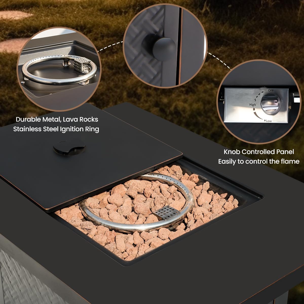 Verdeluxe 32'' Propane Fire Pit,50000 BTU Gas Firepit Table with 2 Drink Holders, Lid & Lava Rock,Outdoor Fire Pit Table for Dining or Party,Propane Firepits for Outside,Patio,Yard