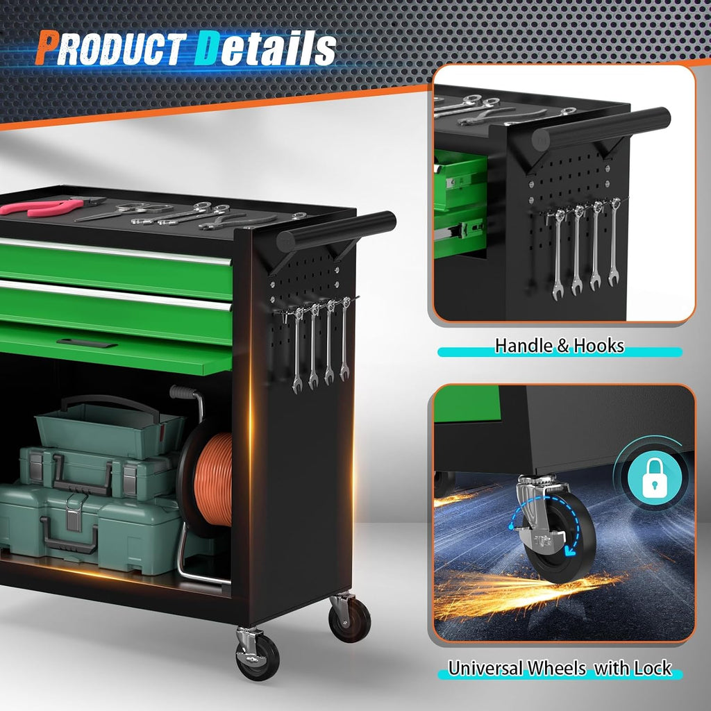 8-Drawer Rolling Tool Chest with Wheels, 2-in-1 Detachable Tool Box with Drawers and Large Cabinet, Rolling Tool Chest Storage Cabinet with Lockable for Warehouse, Garage, Workshop (BlackGreen)