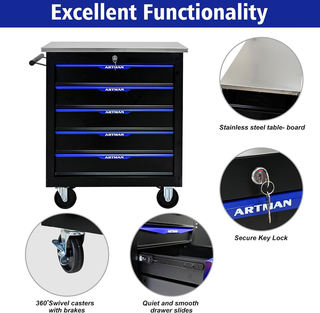 5 Drawers Rolling Tool Box on Wheels, Stainless Steel Countertop Multifunctional Tool Chest Cabinet with Lock, Drawers Rolling Tool Cart Trolley Organizer Tool Storage Case for Garage,Warehouse