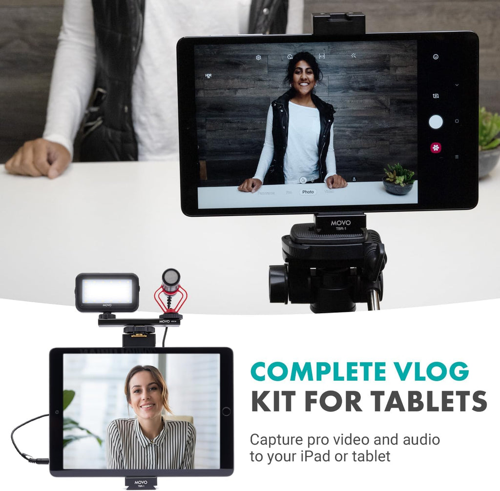 Movo iPad Vlogging Kit - iPad Tripod Mount with Holder, Full Size Tripod, Microphone, LED Light, Cold Shoe Extension - YouTube Starter Kit for Video Recording