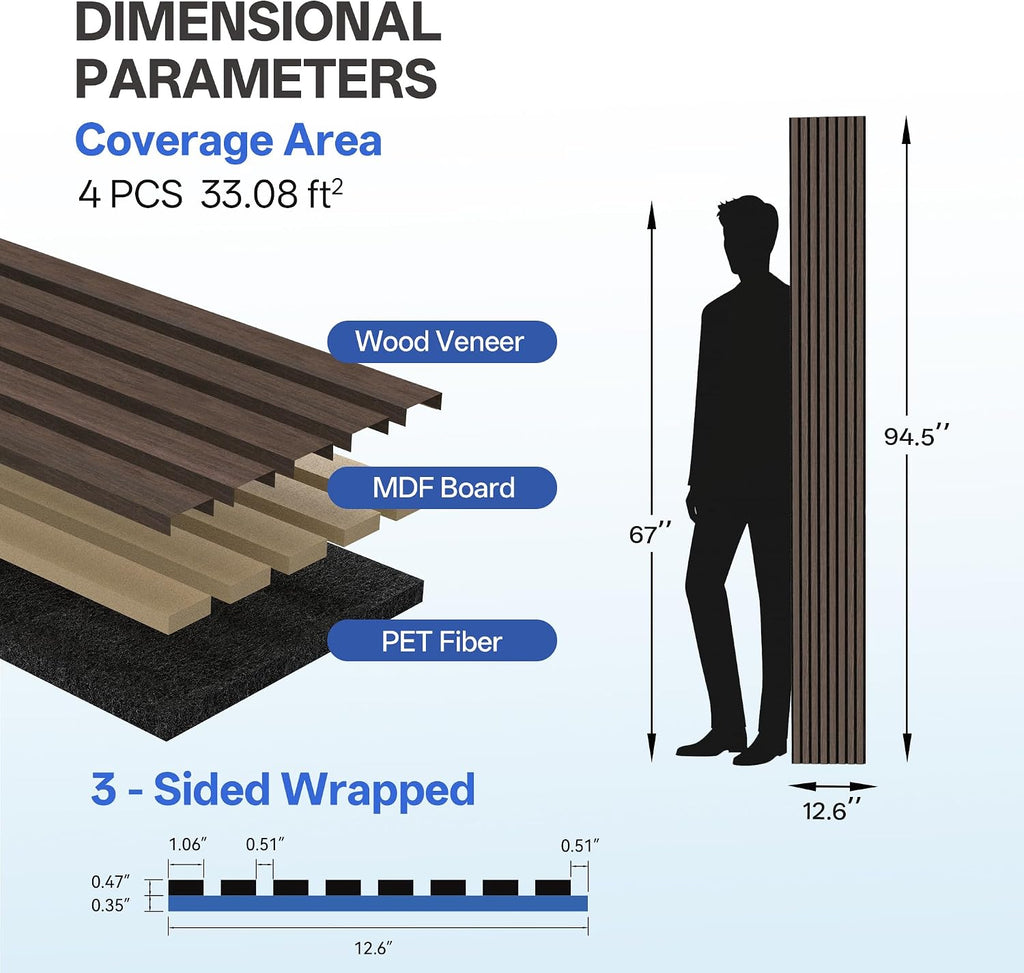 PIWA Acoustic Wall Panels 94' x 12' 4 Pack, Wood Panels for Wall Sound Dampening Slat Paneling with MDF Surface and Sound-Absorbing Core for Interior Decor, Home, Office and Gaming Room (Dark Walnut)