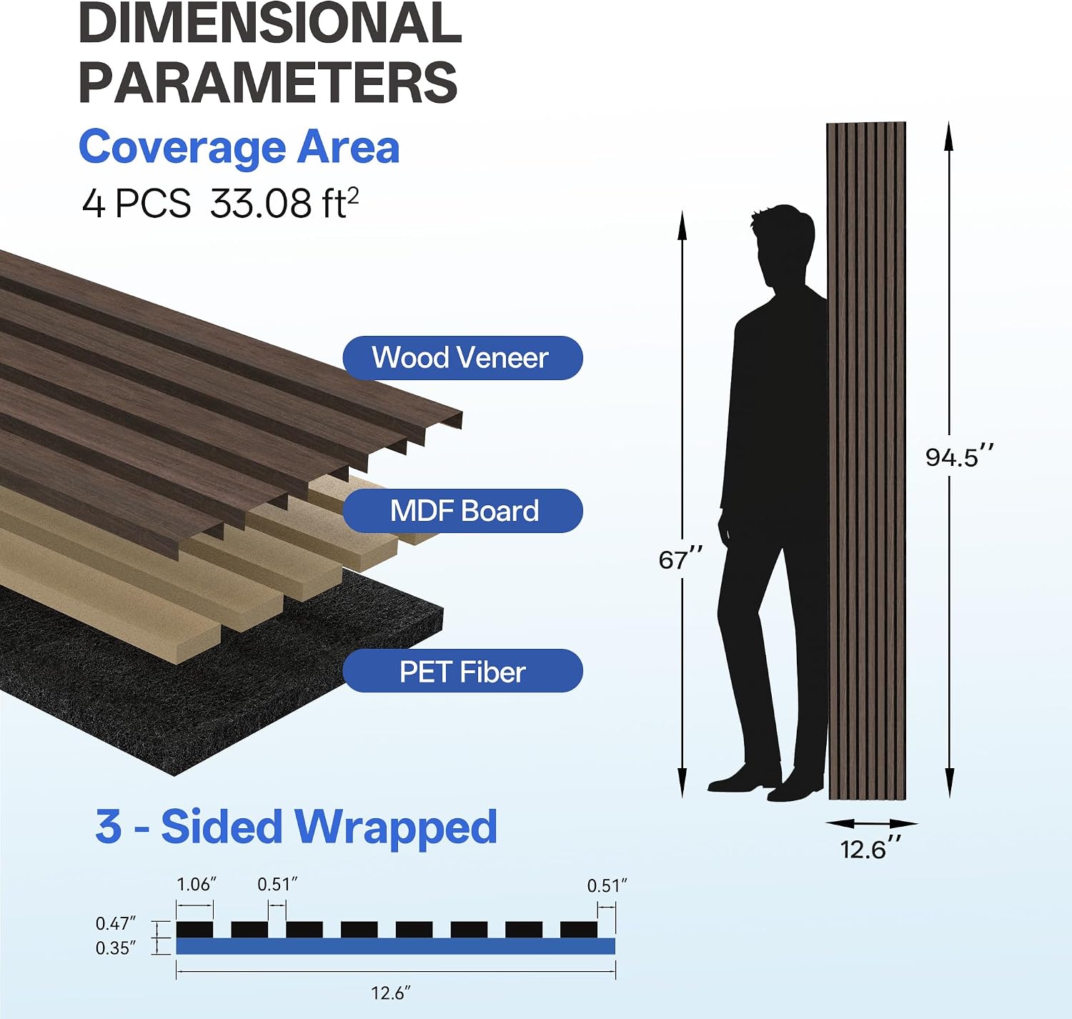 PIWA Acoustic Wall Panels 94' x 12' 4 Pack, Wood Panels for Wall Sound Dampening Slat Paneling with MDF Surface and Sound-Absorbing Core for Interior Decor, Home, Office and Gaming Room (Dark Walnut)