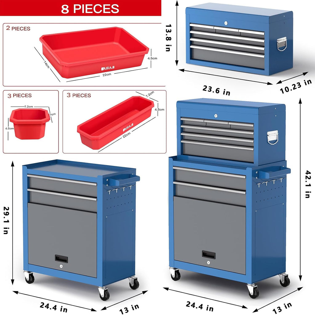 Tool Chest 8-Drawer | 42'' Large Rolling Tool Chest with Wheels | Detachable Top Metal Tool Box | Garage Storage Cabinet for Repair Room,Warehouse | Rolling Tool Box with Hooks,Liners,Tray Divider