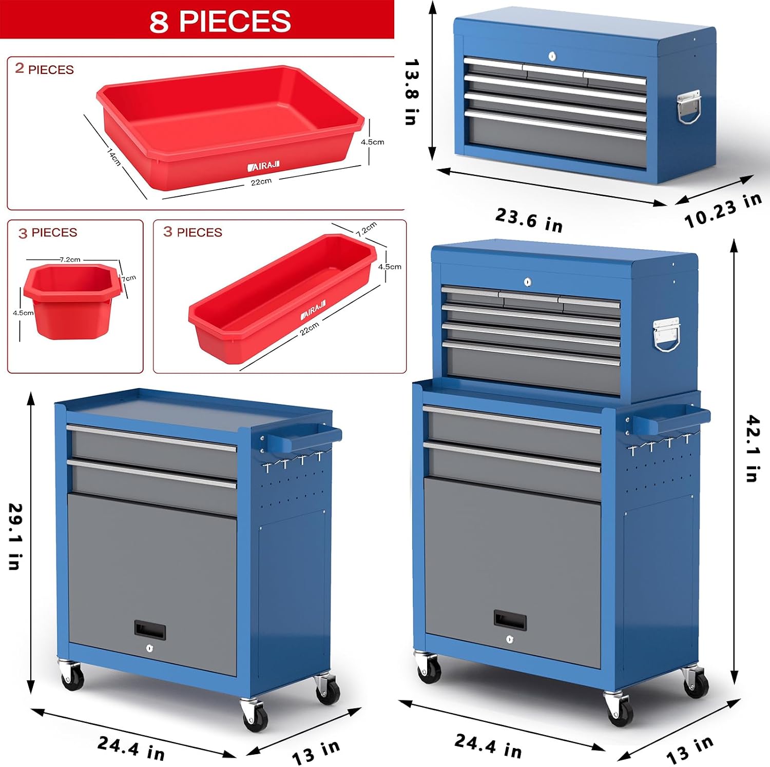 Tool Chest 8-Drawer | 42'' Large Rolling Tool Chest with Wheels | Detachable Top Metal Tool Box | Garage Storage Cabinet for Repair Room,Warehouse | Rolling Tool Box with Hooks,Liners,Tray Divider