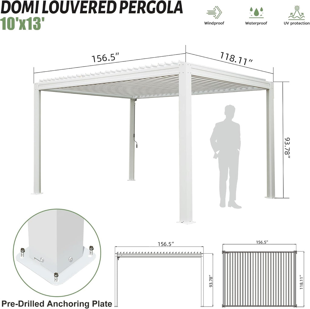 Domi Louvered Pergola 10X13FT with Adjustable Louvered Roof and Drainage Gutter, Outdoor Aluminum Pergola Gazebo for Patio, Backyard, Deck, White