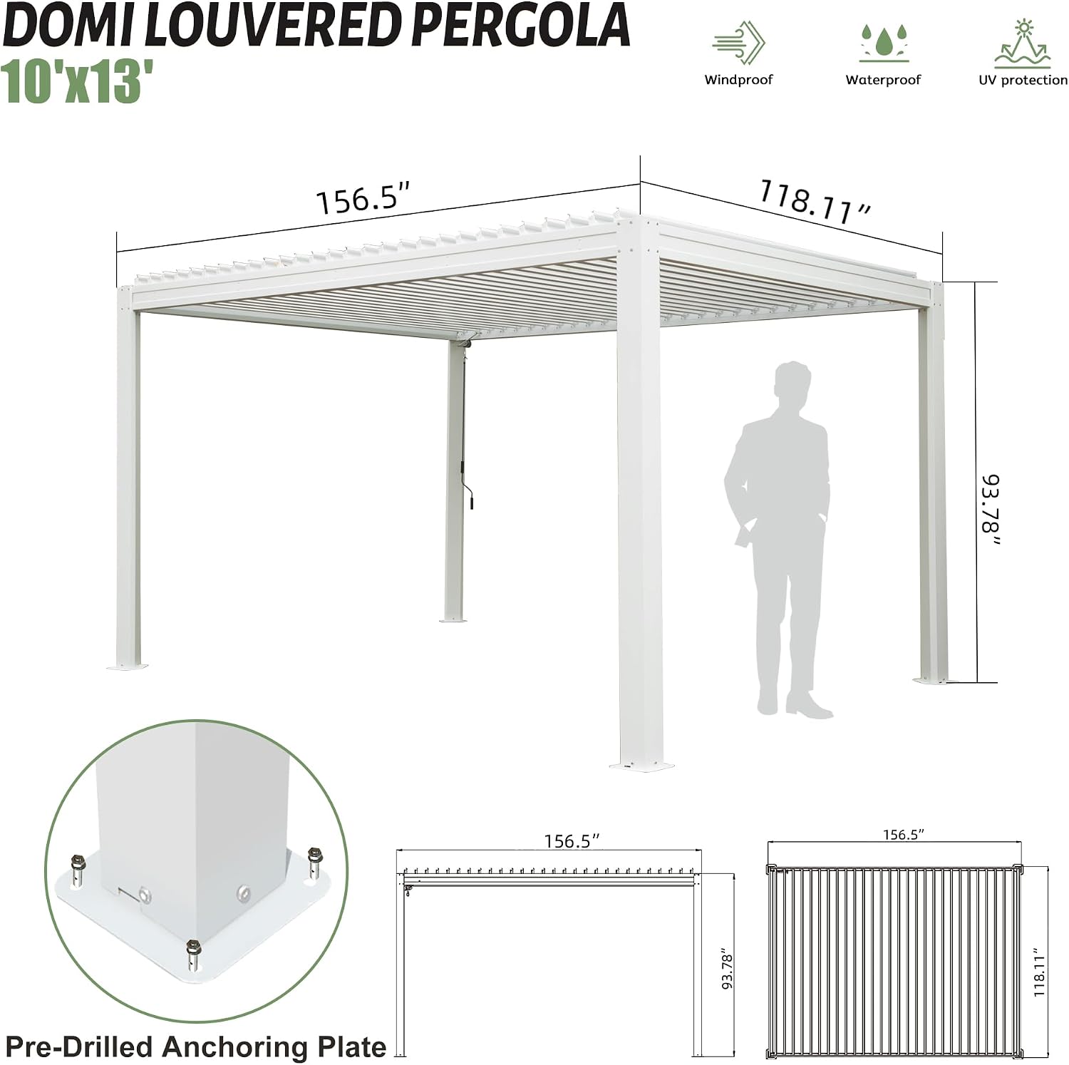 Domi Louvered Pergola 10X13FT with Adjustable Louvered Roof and Drainage Gutter, Outdoor Aluminum Pergola Gazebo for Patio, Backyard, Deck, White