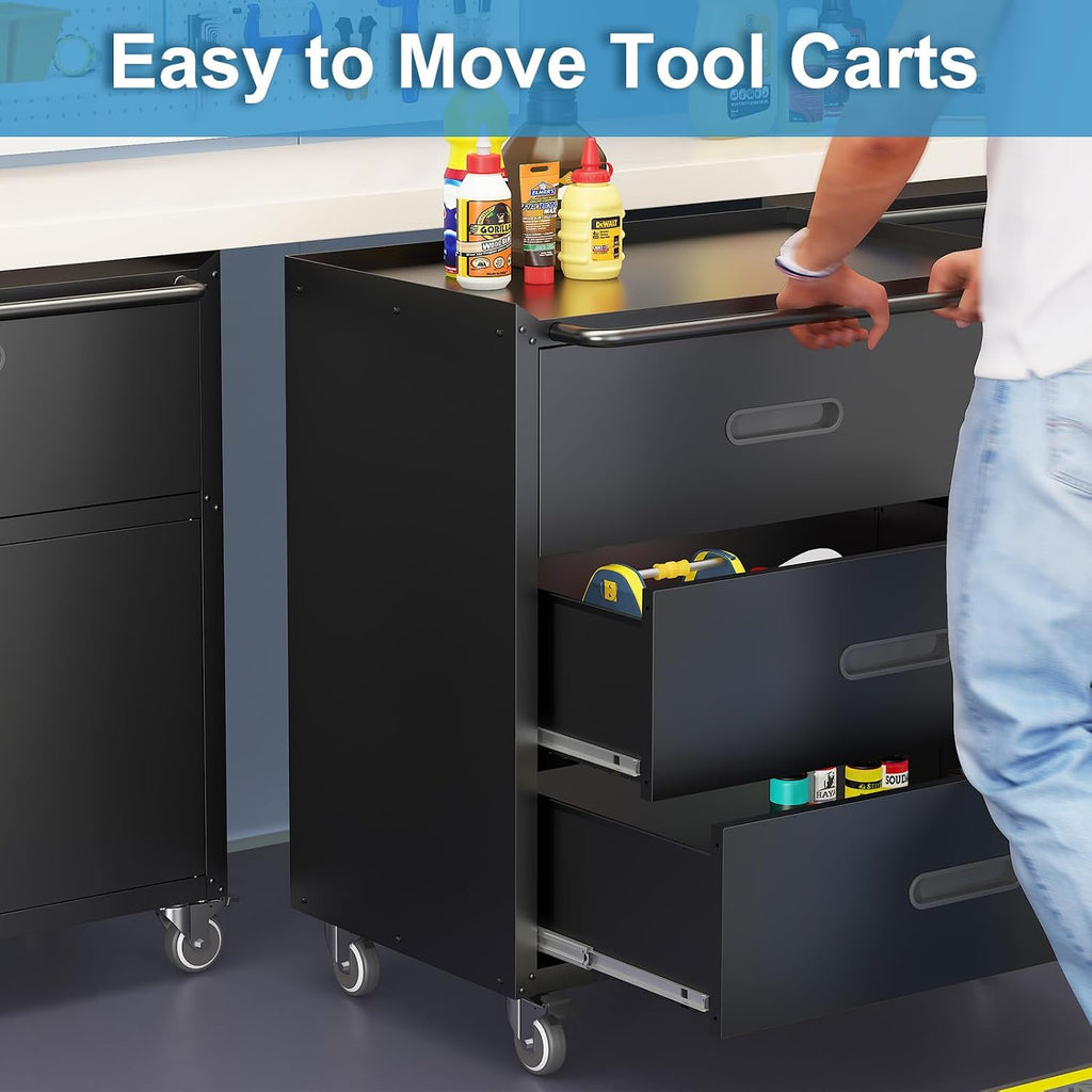 Black Metal Garage Storage Cabinet on Wheels, Heavy Duty Steel Rolling Tool Chest with Drawers, Mobile Tool Storage Cabinets for Warehouse Garage Basement, Assembly Required