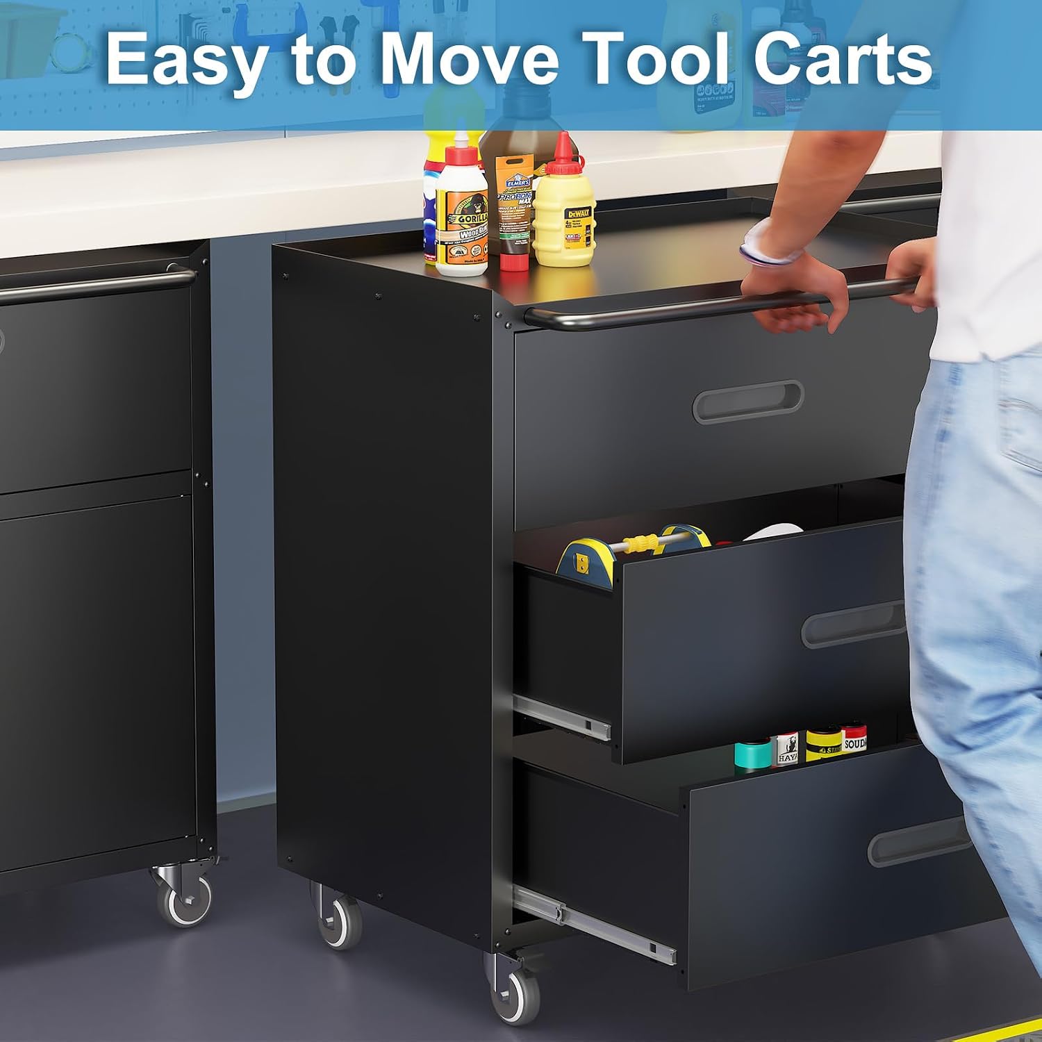 Black Metal Garage Storage Cabinet on Wheels, Heavy Duty Steel Rolling Tool Chest with Drawers, Mobile Tool Storage Cabinets for Warehouse Garage Basement, Assembly Required