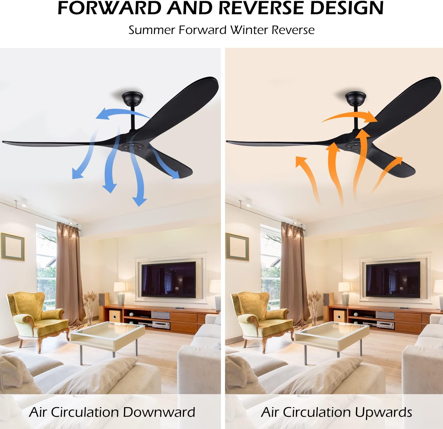 72 Inch Black Ceiling Fan No Light ，Wood Outdoor Ceiling Fans for Patios Living Room Gazebo Mid Century Modern Exterior Extra Large Waterproof Ceiling Fan without Light with Downrod