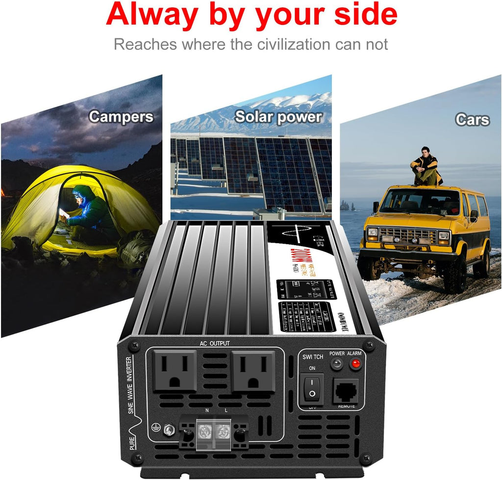 Xijia 2000W Pure Sine Wave Inverter，12V to 120V AC Converter for Home，Solar Systems，Remote and Bluetooth Control for Truck，Camping，with 2 AC Socket，Surge Power 4000W