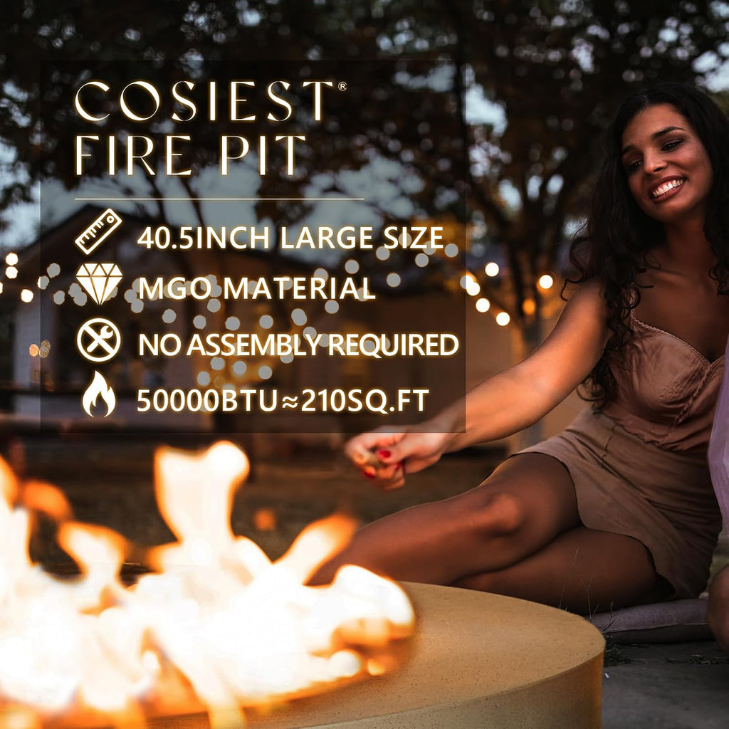 COSIEST Outdoor Propane Fire Pit Coffee Table w Terrazzo White 40.5-inch Round Base Patio Heater, Certified, 50,000 BTU Stainless Steel Burner, Wind Guard, Black Fire Glass, Rain Cover