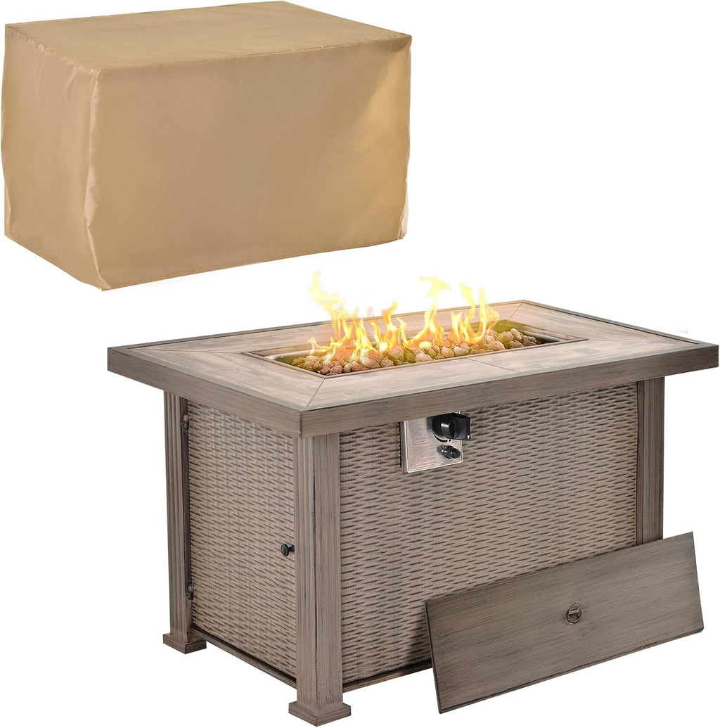 Outsunny Propane Fire Pit Table, 30,000 BTU 42' Wicker-Effect Gas Fire Table, Auto-Ignition Rectangular Outdoor Firepit with Lid, Ceramic Tabletop, Lava Rocks and Rain Cover, CSA Certification, Gray
