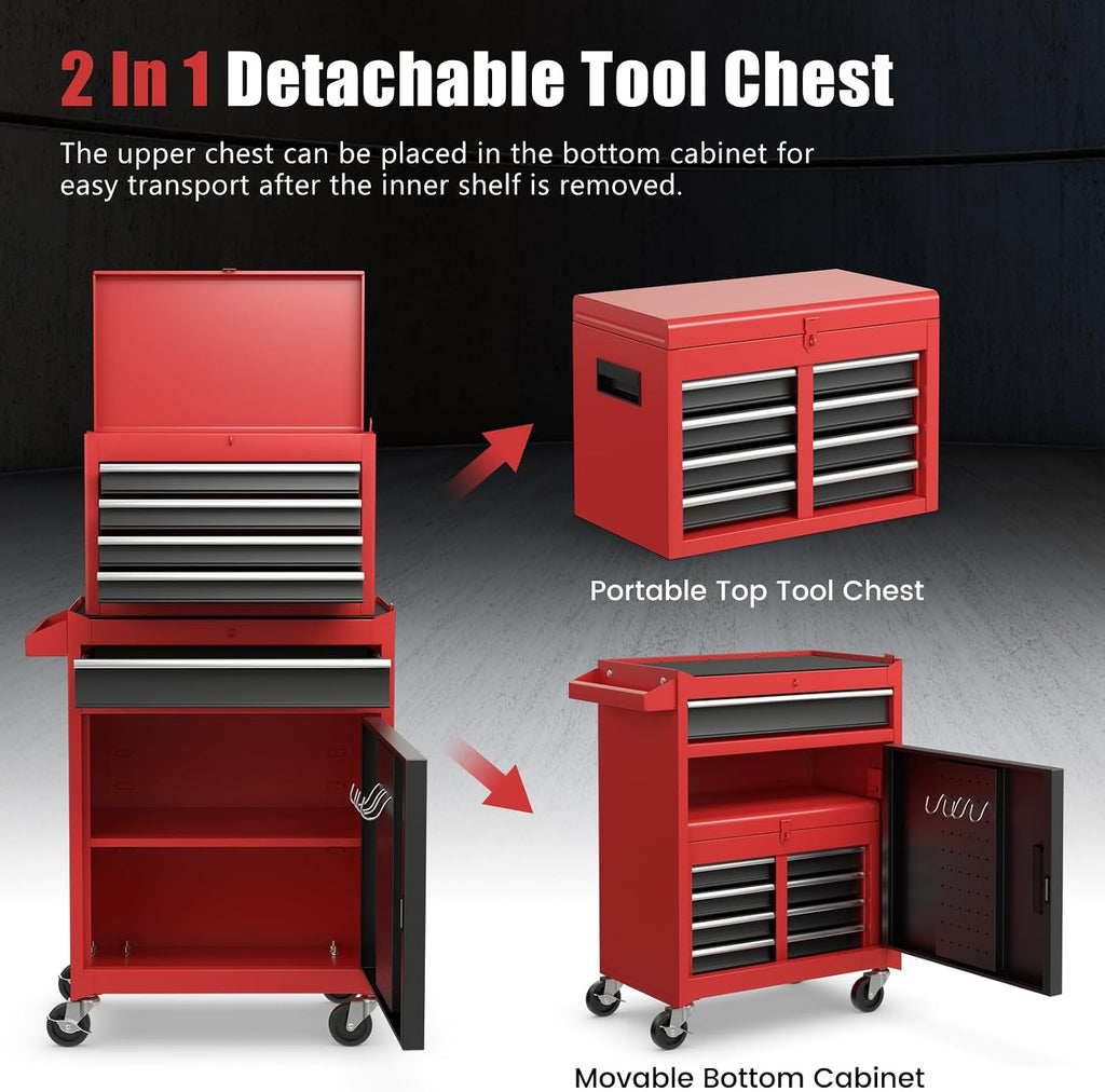 DORTALA Rolling Tool Chest Cabinet, Tool Box Organizer with 5 Sliding Drawers, Locking System, Toolbox Storage Cabinet on Wheels for Garage Workshop, Black & Red