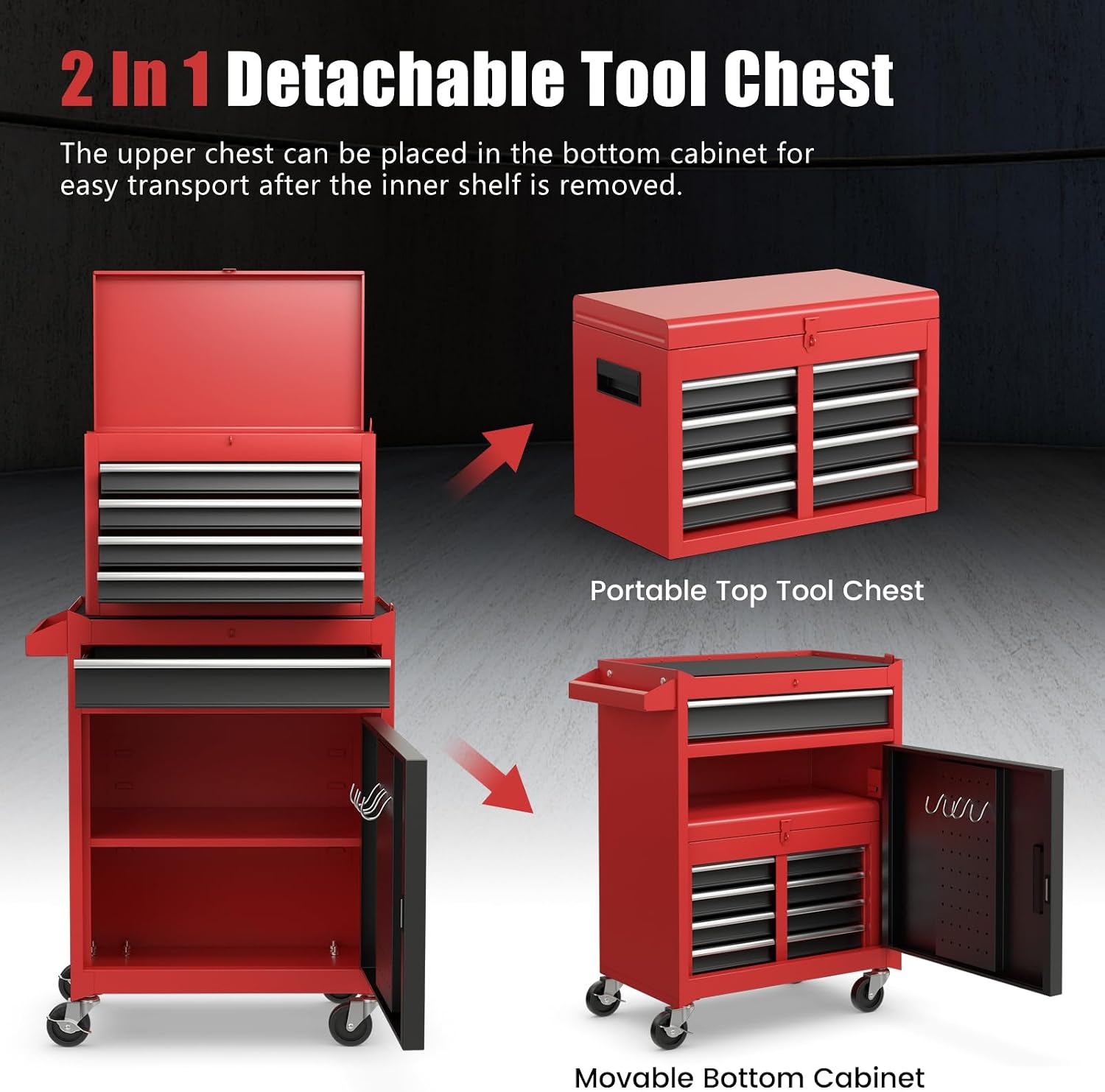 DORTALA Rolling Tool Chest Cabinet, Tool Box Organizer with 5 Sliding Drawers, Locking System, Toolbox Storage Cabinet on Wheels for Garage Workshop, Black & Red