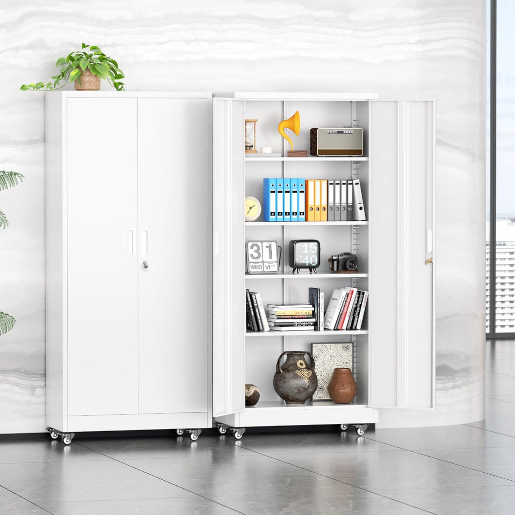 Superday 72' Metal Cabinet with Wheels, Lockable Steel Utility Cabinet with 2 Doors and 4 Adjustable Shelves, Tall Storage Cabinets for Garage, Home Office, Kitchen Pantry, Living Room, White