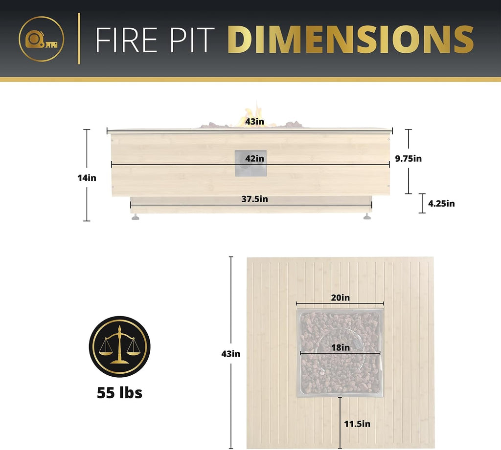 43' Gas Fire Pit Table with Propane Tank Cover Table Wood Grain Design Square Includes Lava Rocks and Weatherproof Cover for Outdoor Patios Parties Garden 50,000 BTUs CSA Certified