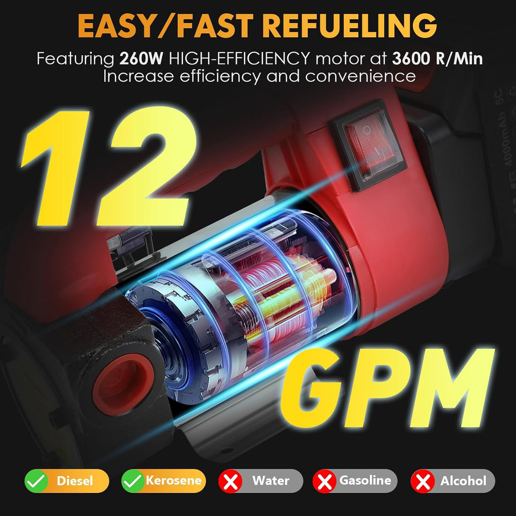 Fuel Transfer Pump Battery Powered - cordless transfer pump 12GPM 21V 260W Diesel & Kerosene Transfer Pump, Auto Shut-off Nozzle, for Truck/Tractor/Generator