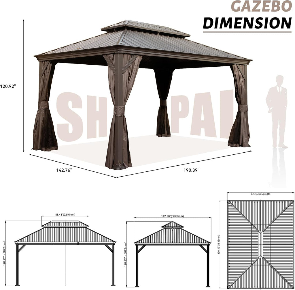 12' x 16' Outdoor Hardtop Gazebo with Gutters, Double Roof Galvanized Metal Gazebo for Backyard, Patio, Deck, Hot Tub, Heavy Duty Canopy Permanent Pavilion with Curtains and Netting, Brown