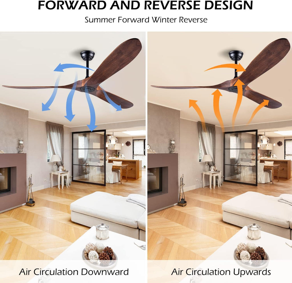 60 Inch Ceiling Fan Without Light ，Wood Indoor Outdoor Ceiling Fans No Light for Patios Living Room Bedroom Porch Big Ceiling Fan for Flat Sloped Ceiling(Walnut)