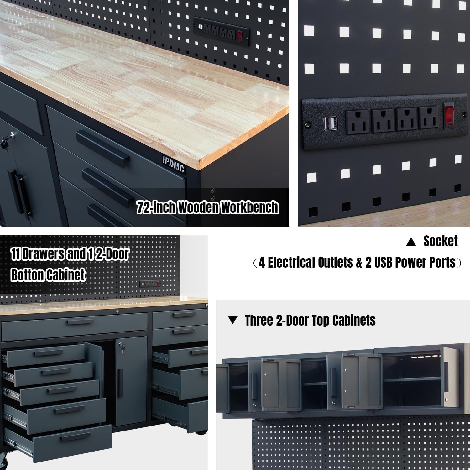 72in Rolling Tool Chest Cabinet Mobile Garage Workbench Heavy-Duty Tool Cabinet on Wheels with 11 Drawers, 2-Door Cabinet, 3 Top Cabinet, Pegboard & Power Strip for Tool Organization