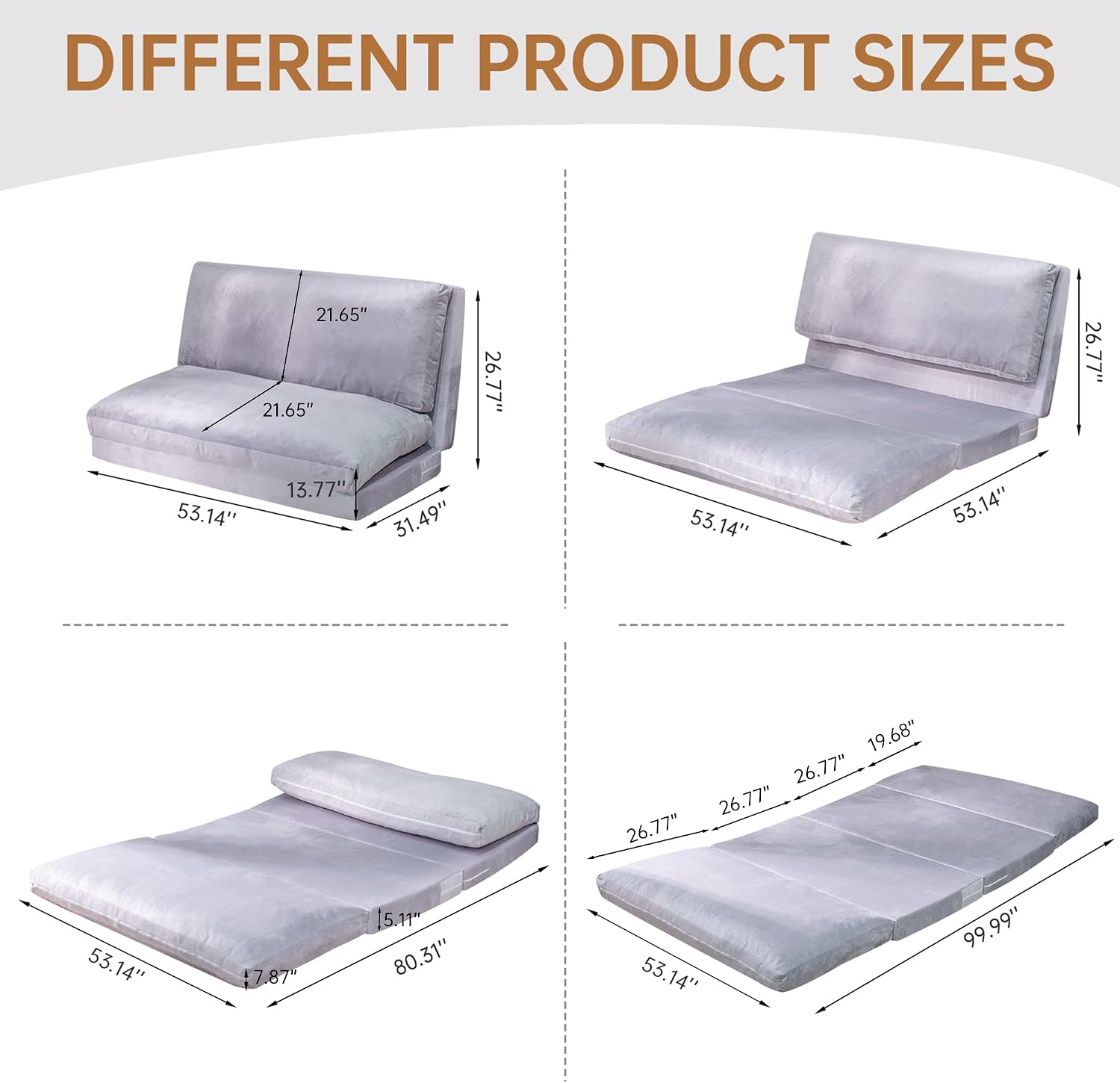 Cvortll 4-in-1 Folding Sofa Bed, Memory Foam Bean Bag Chair, Large Convertible Couch, Floor Foldable Sofa for Bedroom, Living Room, Apartment (Grey-Large)