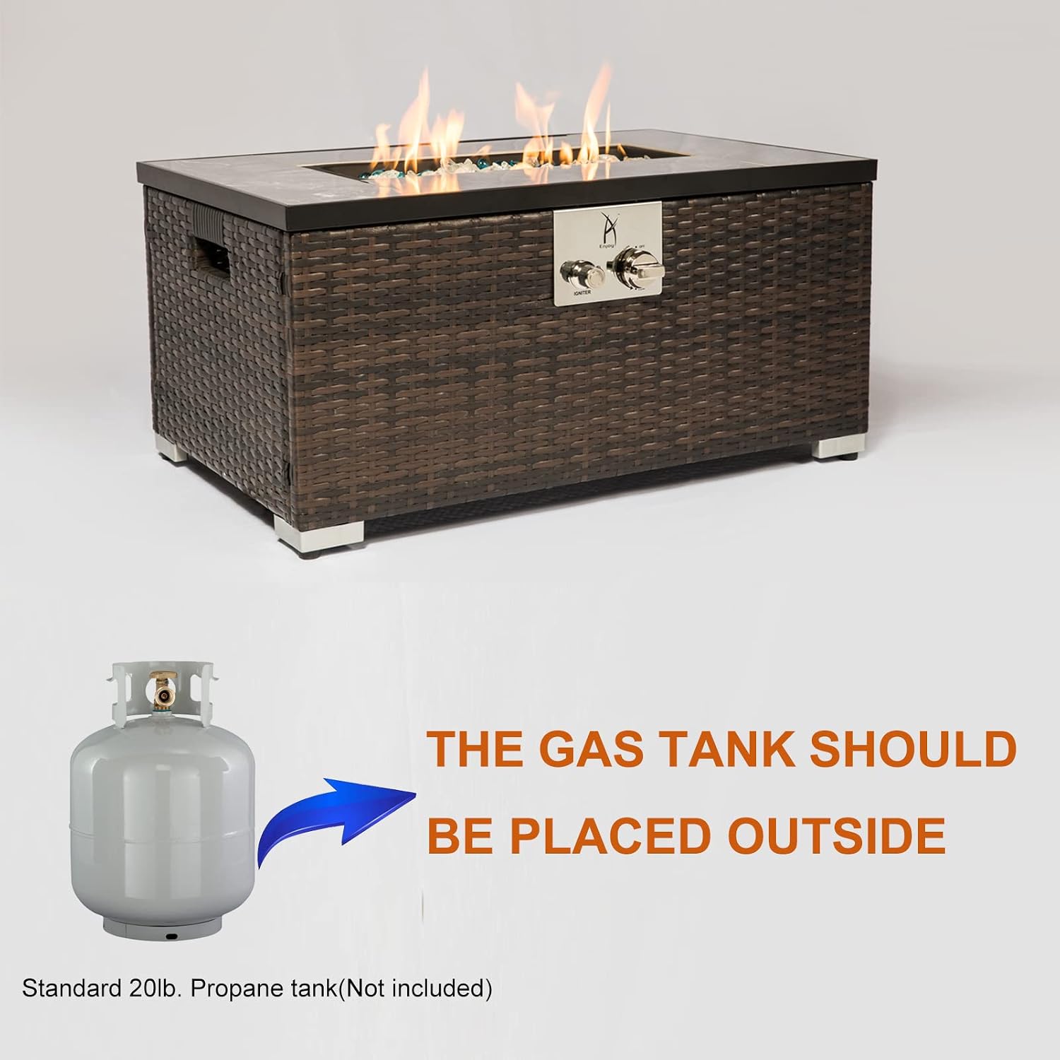 32'' Propane Fire Pit Table, Marble Textured Ceramic Tabletop, 50,000 BTU Fire Table with Brown Wicker, Mix Color Glass Rocks, Including Lid&Cover, Rectangle, Tank Required to Be Kept Outside