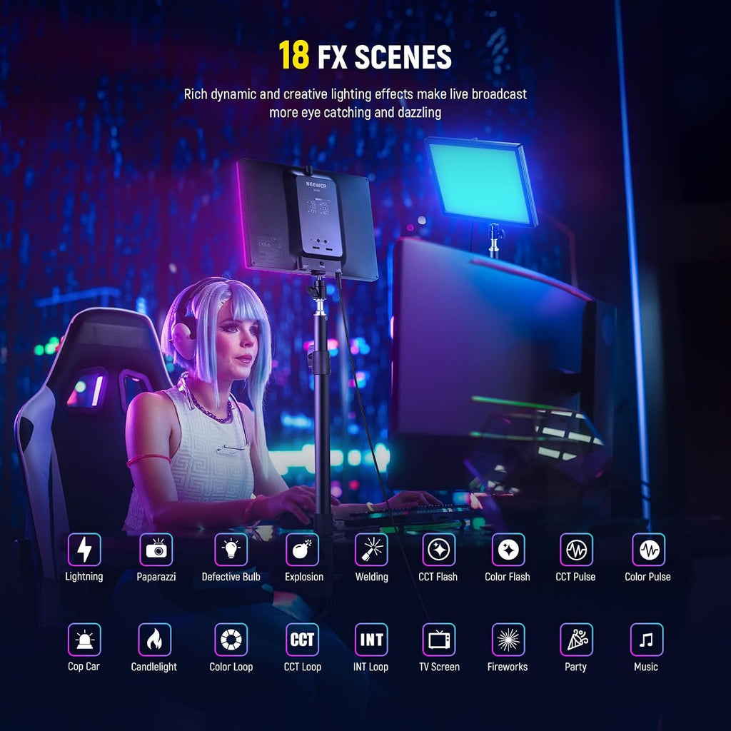 NEEWER GL25C LED RGB Streaming Key Light, APP/PC Control 25W 2500Lux/0.5m 2900K-7000K CRI95+/TLCI97+ Full RGB Dimmable Edge Emitting Silent Webcam Video Light with Desk Stand