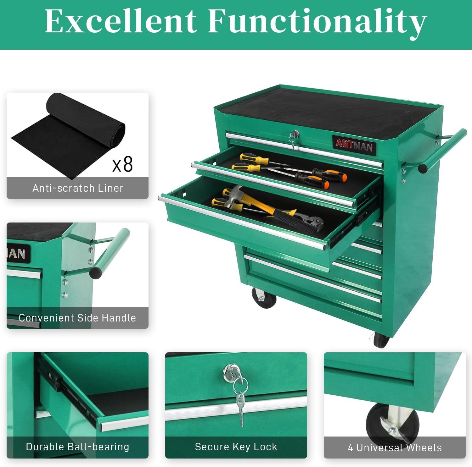 Rolling Tool Chest with 7-Drawer Tool Box with Wheels Multifunctional Tool Cart Mechanic Tool Storage Cabinet for Garage, Warehouse, Workshop, Repair Shop (Green)