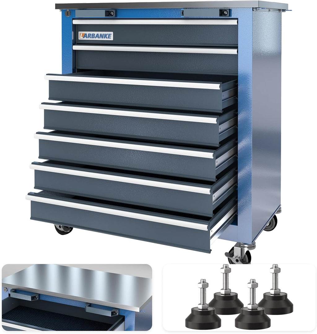 LARBANKE 7-Drawer Rolling Toolbox,Tool Box with 360° Lockable Wheels and Padded Feet,Tool Chest with Keyed Locking System and Drawer Liners,can be Combined Storage System with Tool Chest