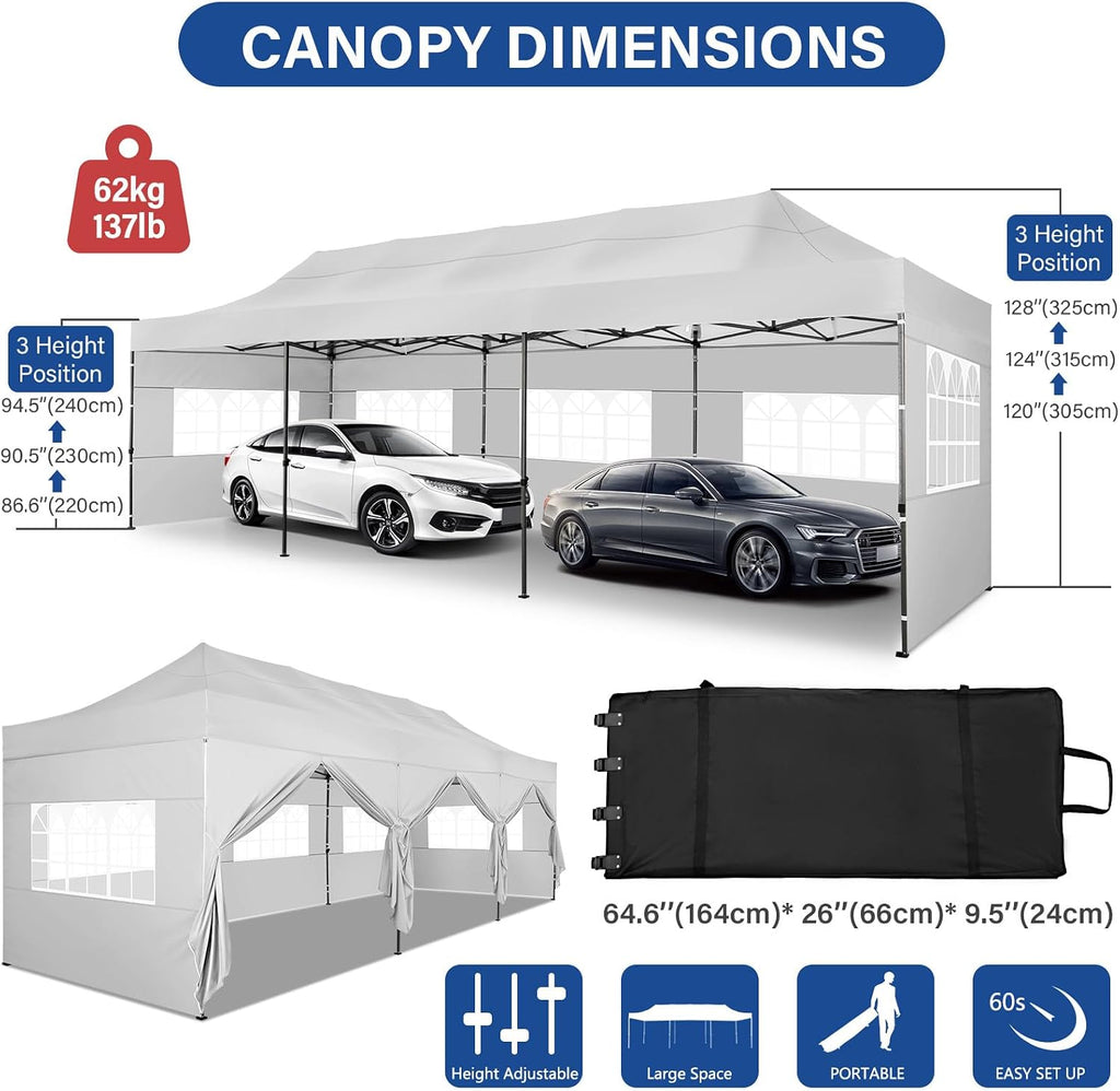 COBIZI 10x30 Heavy Duty Pop Up Canopy Tent with 8 Sidewalls Thicken Frame, Commercial Easy Up Outdoor Wedding Party Tents, All Season Waterproof Windproof with Stakes Sandbags Ropes Roller Bag, Cream
