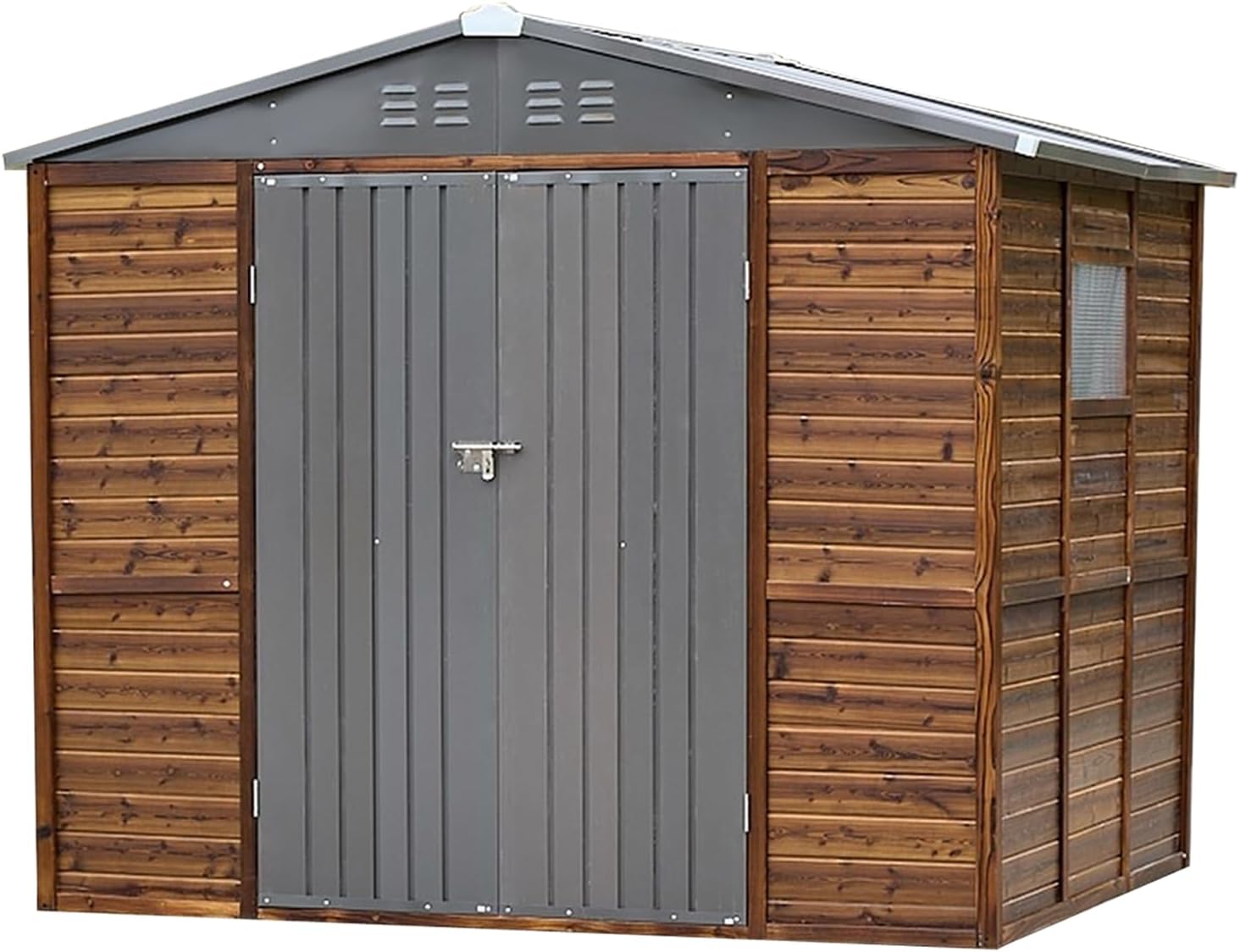 6x8 FT Outdoor Tool Shed, Wood-Iron Combination Storage Shed with Ventilation, Weather-Resistant Roof, Lockable Doors & Wood Grain Finish for Backyard and Garden